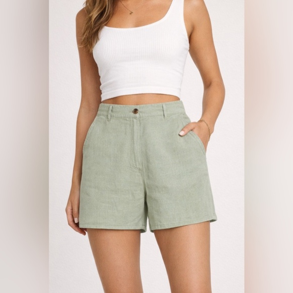 H&M Women's Shorts High Waist Linen Blend Light Green XL